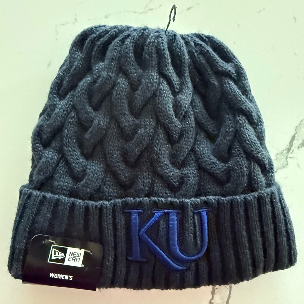 New Era Black Knit Beanie with White Lining ponytail KU sparkles.